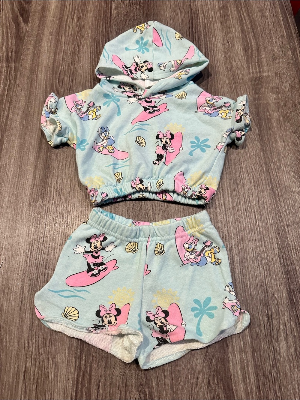 Disney Light Blue & Pink Minnie Mouse Hooded Crop Top and Shorts Set